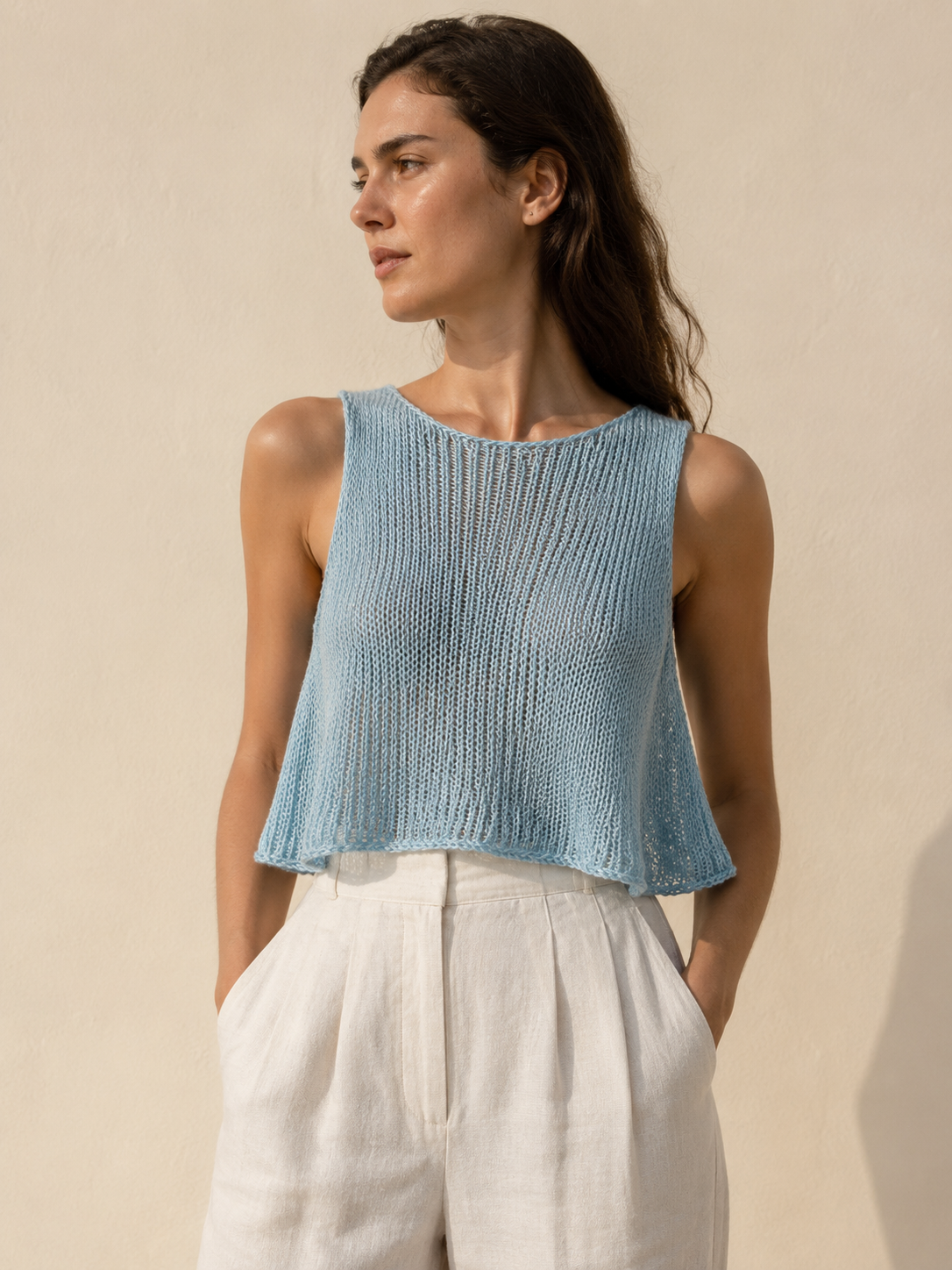Crop Top in Lino e Seta — azzurro polvere